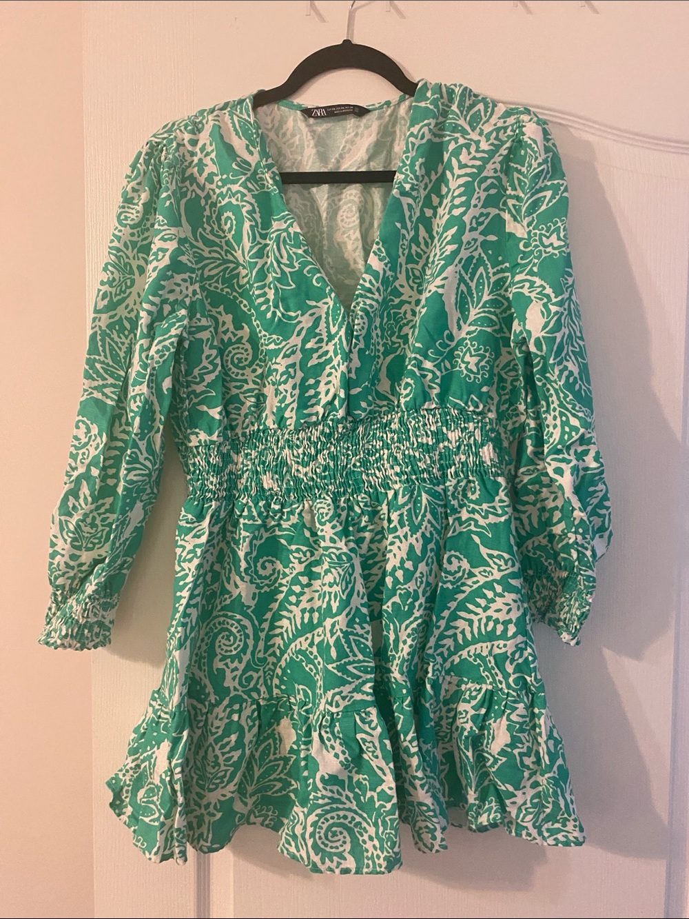 Zara Teal & White Paisley V‑Neck Smocked Waist Dress